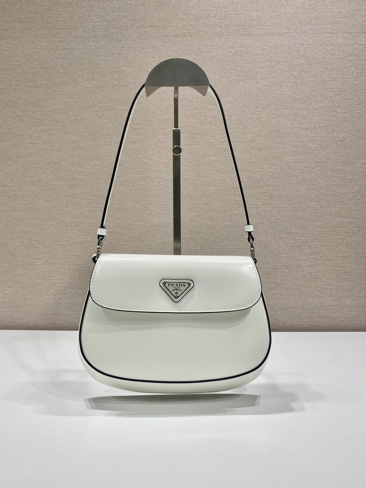 Prada Cleo Brushed Leather Shoulder Bag With Flap White 1BD311